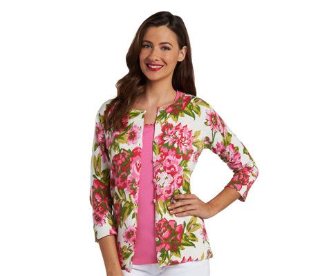 Isaac Mizrahi Live! 3/4 Sleeve Peony Blossom Print Cardigan