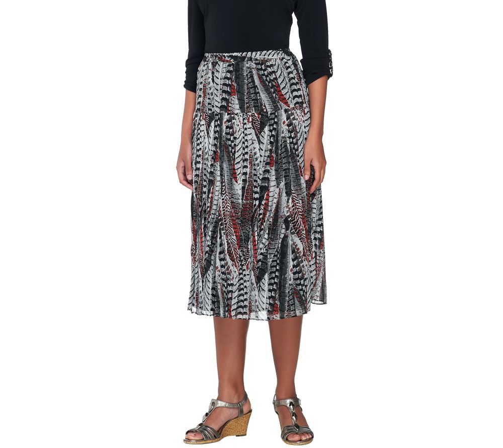 Linea by Louis DellOlio Feather Print Pull-on Pleated Skirt - A227580