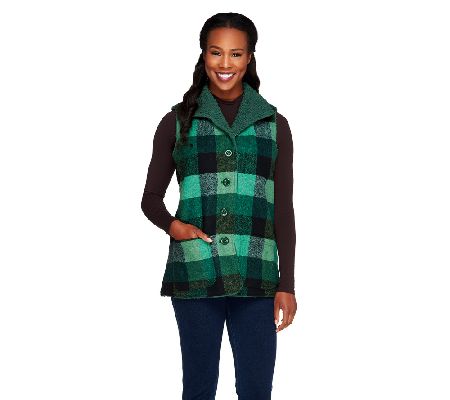 Denim & Co. Plaid Button Front Vest w/ Sherpa Lining - A228280