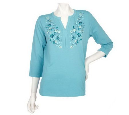 Denim & Co. 3/4 Sleeve Split Neck Top with Embroidery - A202181