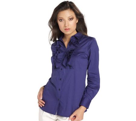 Isaac Mizrahi Live! Ruffle Front Placket Long Sleeve Shirt - A203081