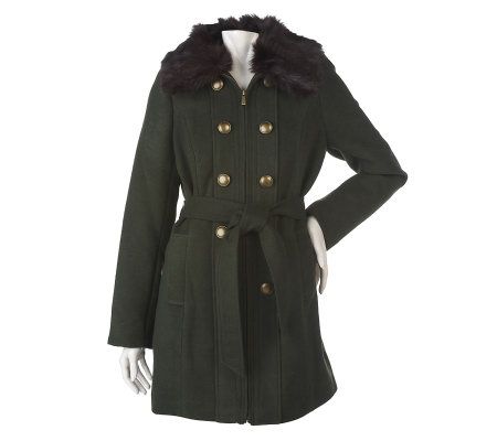 Dennis Basso Zip Front Coat with Faux Fur Collar & Button Detail - A219381