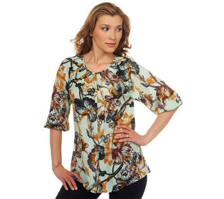 LOGO by Lori Goldstein Floral Print Blouse with Smocking Detail - A223081