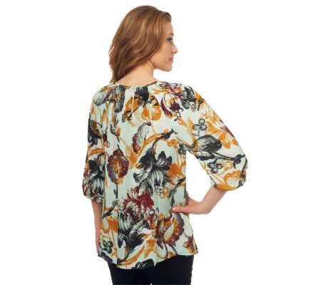 LOGO by Lori Goldstein Floral Print Blouse with Smocking Detail