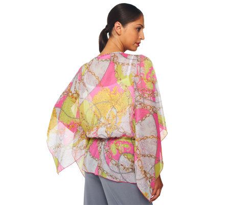 George Simonton Kimono Sleeve Chain Print Top with Smocked Waist