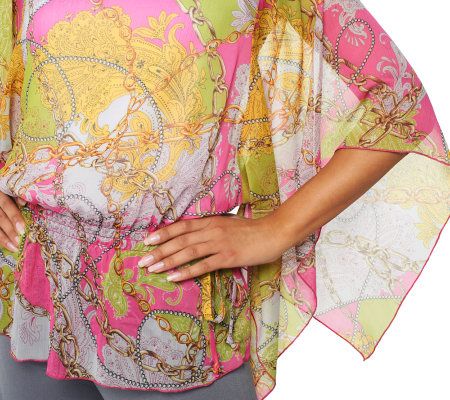 George Simonton Kimono Sleeve Chain Print Top with Smocked Waist