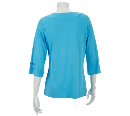Quacker Factory Blue Sapphire Rhinestone 3/4 Sleeve T-shirt