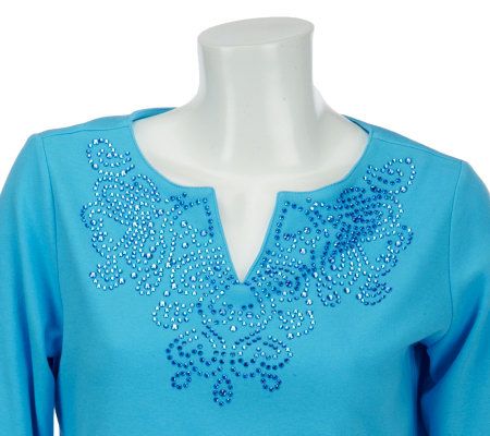 Quacker Factory Blue Sapphire Rhinestone 3/4 Sleeve T-shirt