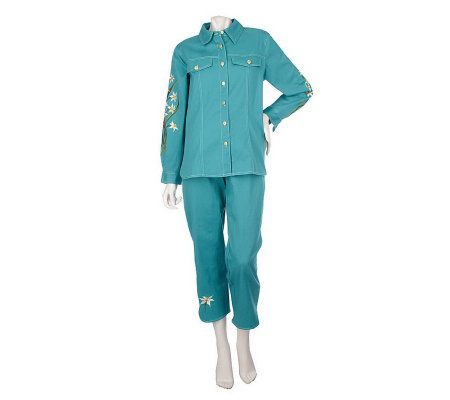 Bob Mackies Embroidered Stretch Jean Jacket and Side Zip Pants - A48881