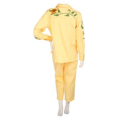 Bob Mackies Embroidered Stretch Jean Jacket and Side Zip Pants