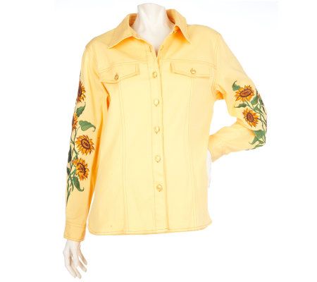 Bob Mackies Embroidered Stretch Jean Jacket and Side Zip Pants