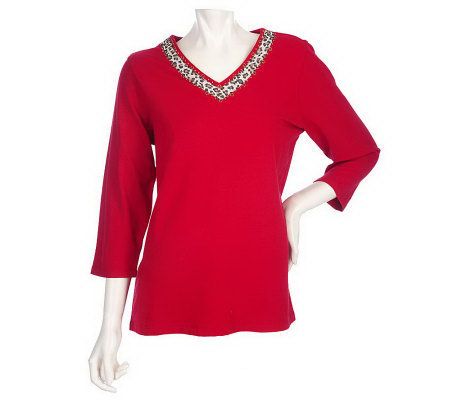 Denim & Co. 3/4 Sleeve V-Neck Top w/ Animal Print and Bead Trim - A202182