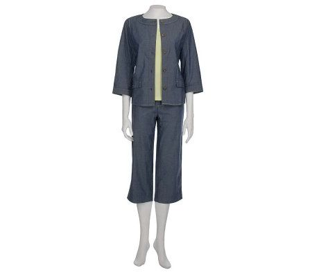 As Is Denim & Co. Stretch Chambray Jacket, T-Shirt & Pants - A210382