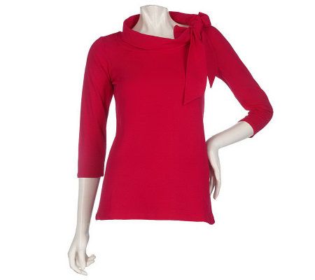 Dennis Basso Stretch Knit 3/4 Sleeve Top with Bow Detail - A215782