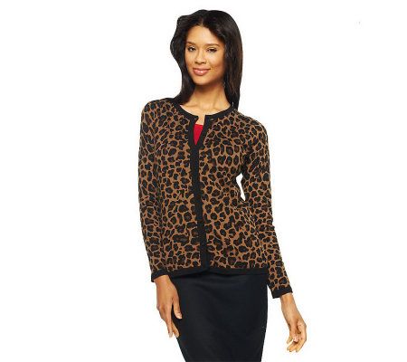 Dennis Basso Leopard Print Crew Neck Cardigan with Solid Trim - A219382