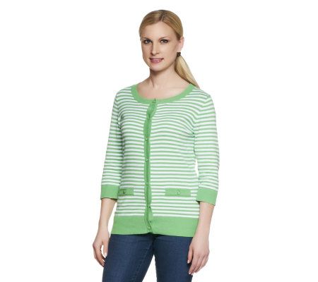 Denim & Co. 3/4 Sleeve Striped Crew Neck Cardigan - A222182