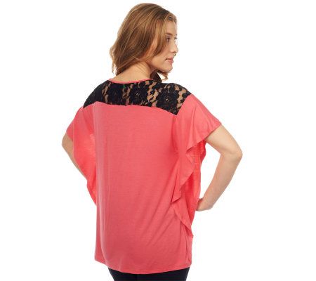 LOGO by Lori Goldstein Short Sleeve Knit Top with Lace Detail