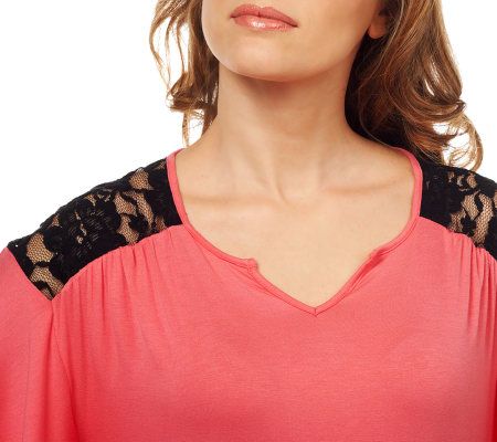 LOGO by Lori Goldstein Short Sleeve Knit Top with Lace Detail