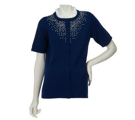 Quacker Factory Pearly Spray Short Sleeved Cardigan w/ Ruffle Trim - A223882