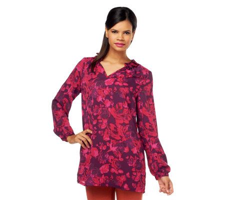 Isaac Mizrahi Live Pull-Over Printed Blouse with Ruffle - A226482
