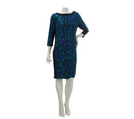 Bob Mackies Boat Neck 3/4 Sleeve Stained Glass Knit Dress - A228182
