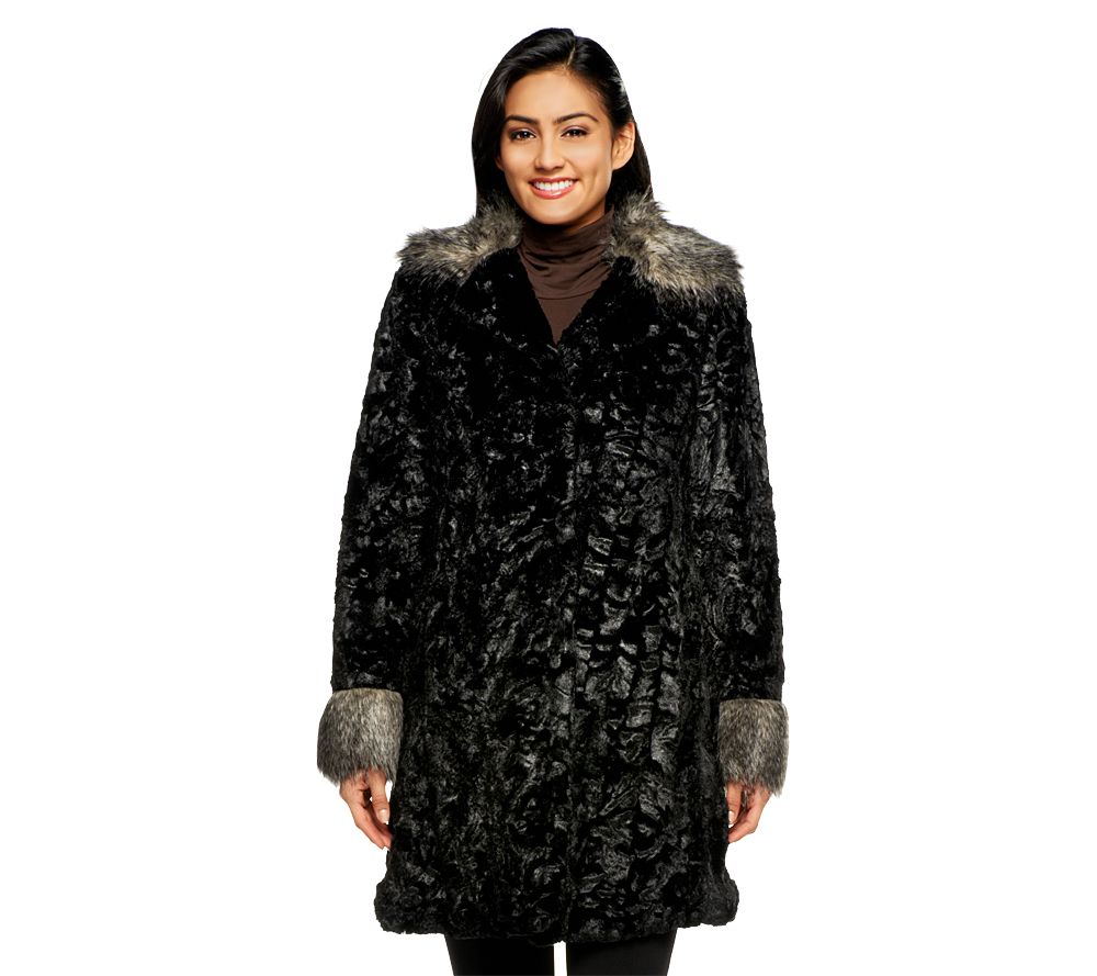 Dennis Basso Crushed Faux Fur Coat With Collar And Cuff Trim Milane