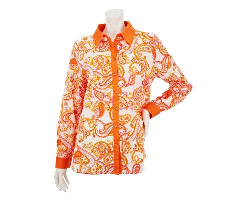 Denim & Co. Button Front Paisley Print Shirt w/ Contrast Trim - A231882