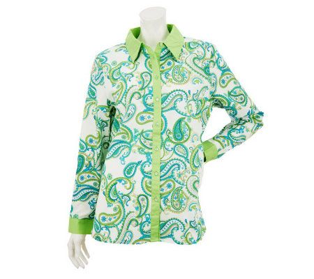 Denim & Co. Button Front Paisley Print Shirt w/ Contrast Trim - A231882