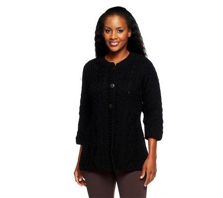 Merino Wool Empire Waist Aran Stitch 3/4 Sleeve Cardigan - A92282