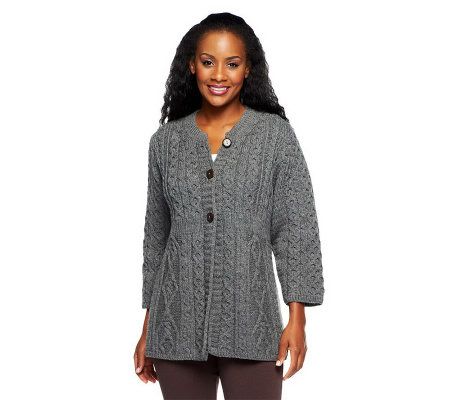Merino Wool Empire Waist Aran Stitch 3/4 Sleeve Cardigan - A92282