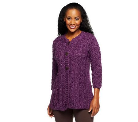 Merino Wool Empire Waist Aran Stitch 3/4 Sleeve Cardigan - A92282
