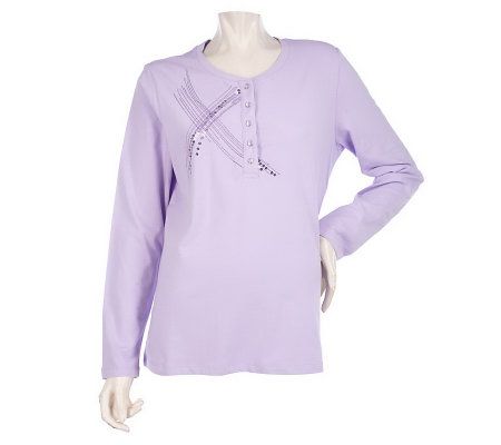 Denim & Co. Long Sleeve Henley with Embroidery and Sequin Detail - A210483