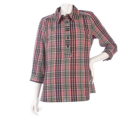 Liz Claiborne New York 3/4 Sleeve Half Placket Plaid Shirt - A215383