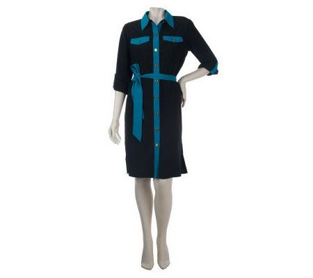 Bob Mackies Colorblock Shirtmaker Dress with Self Belt - A221783
