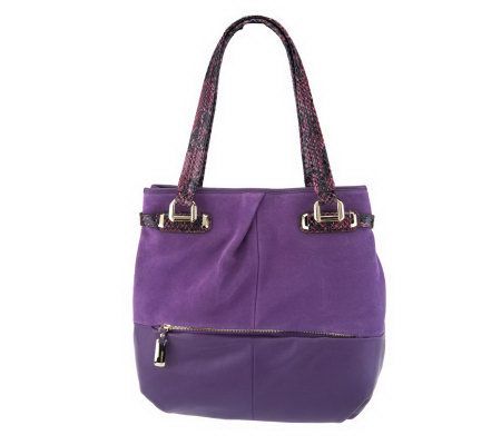B. Makowsky Suede and Leather Tote Bag with Python Embossed Trim - A228883