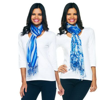 Isaac Mizrahi Live! Floral & Stripe Set of Two Scarves - A231783