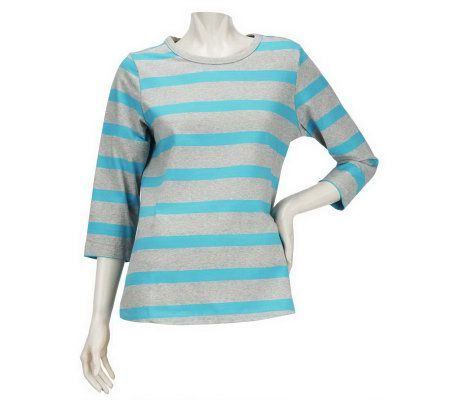 As Is Denim & Co. 3/4 Sleeve Crew Neck Heather Stripe Knit Top - A236283