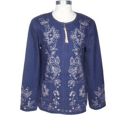 Susan Graver Embroidered Stretch Denim Zip Front Jacket - A70483
