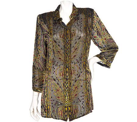 Bob Mackies Silk Blend Burnout Velvet Butterfly Motif Shirt - A74483