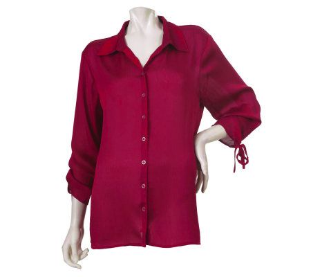 Susan Graver Satin Yoryu Button Front Shirt with Drawstrings - A211284