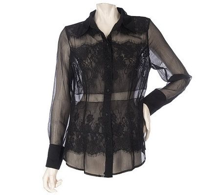 Bradley by Bradley Bayou Button Front Lace and Chiffon Top - A214184