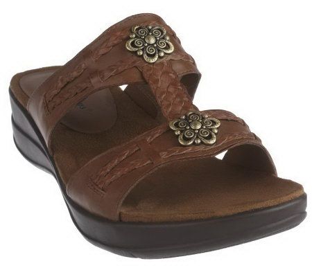 BareTraps Leather T-strap Slides with Ornament & Woven Detail - A214584