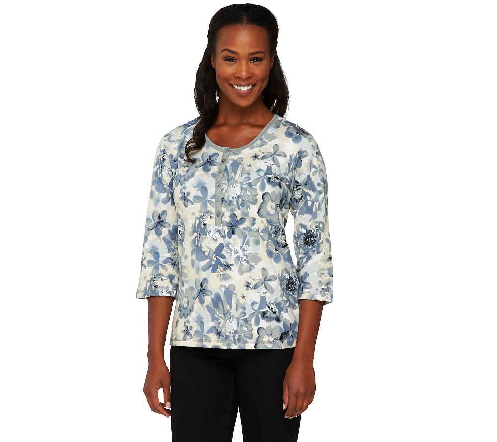 Denim & Co. 3/4 Sleeve Button Front Printed Henley - A215884
