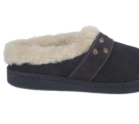 Clarks Daisy Clog Suede&Faux Fur Slippers w/ Stud Details