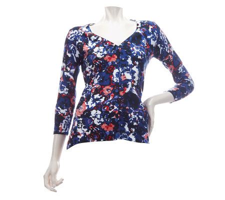 Dennis Basso Floral Print V-Neck Button Front Cardigan - A223484