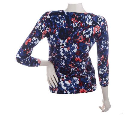 Dennis Basso Floral Print V-Neck Button Front Cardigan