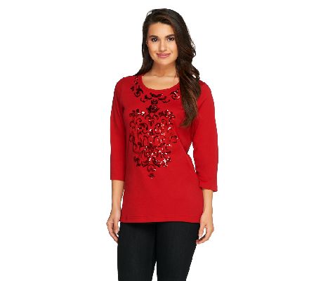 Quacker Factory 3/4 Sleeve Knit T-shirt w/ Abstract Sequin Design - A225784