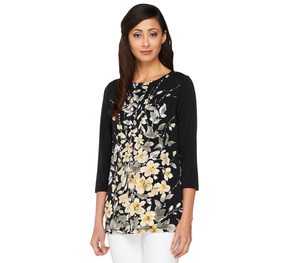 Susan Graver Printed Liquid Knit 3/4 Sleeve Top with Embellishments - A230484