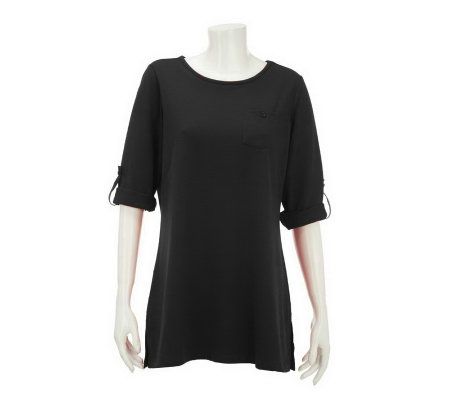 As Is Denim & Co. French Terry Pullover with Roll Tab Sleeve & Pocket - A235784