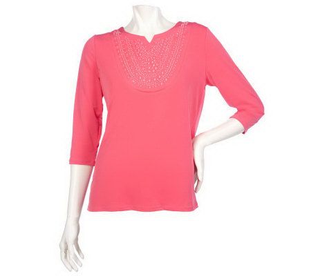 Susan Graver Liquid Knit 3/4 Sleeve Embellished Top - A199585